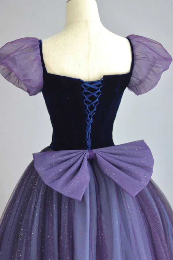 Purple Tulle Long Prom Dress with Velvet Cute A-Line Short Sleeve Evening Dress