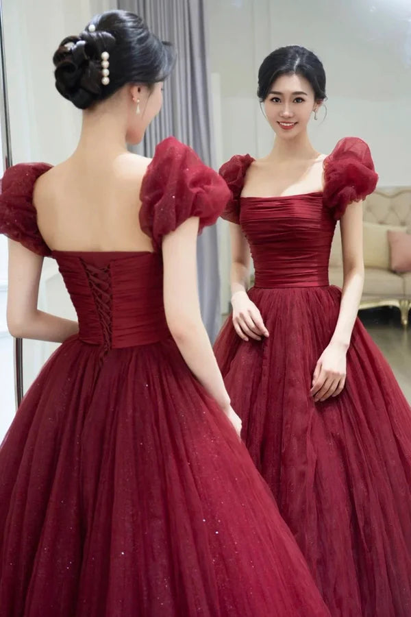 Burgundy Tulle Long A-Line Prom Dress Beautiful Evening Graduation Dress