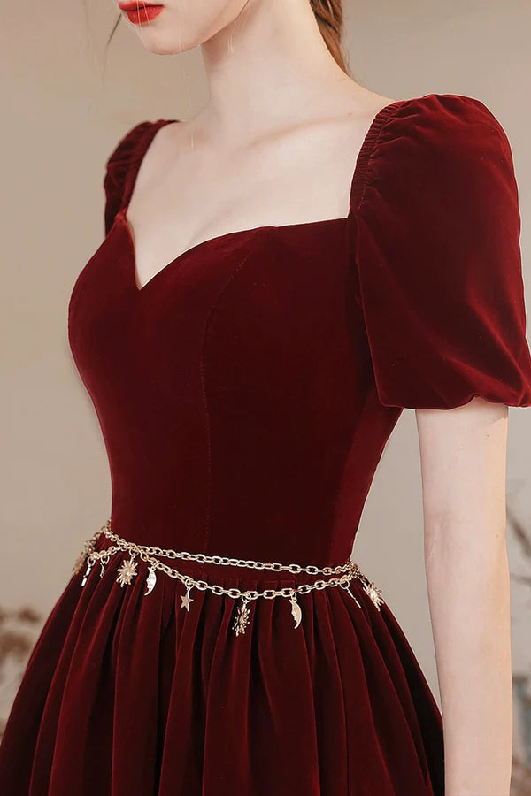 Burgundy Velvet Floor Length Prom Dress Lovely A-Line Evening Party Dress