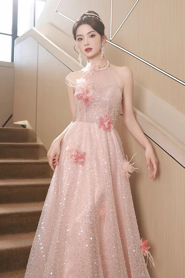 Pink Tulle Sequins Long Prom Dresses Pink Off Shoulder Evening Dresses