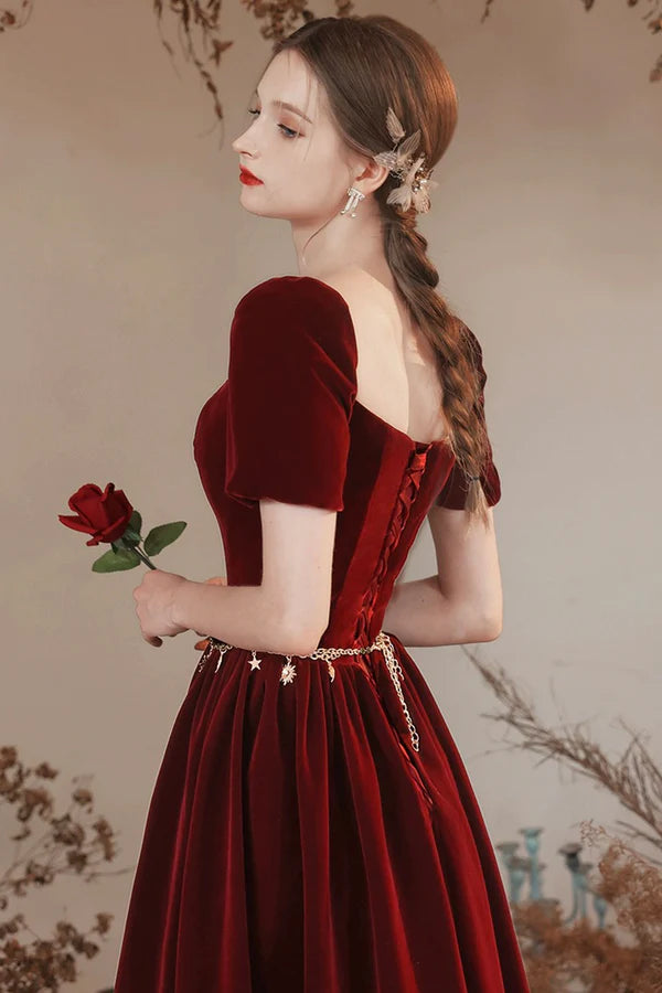 Burgundy Velvet Floor Length Prom Dress Lovely A-Line Evening Party Dress