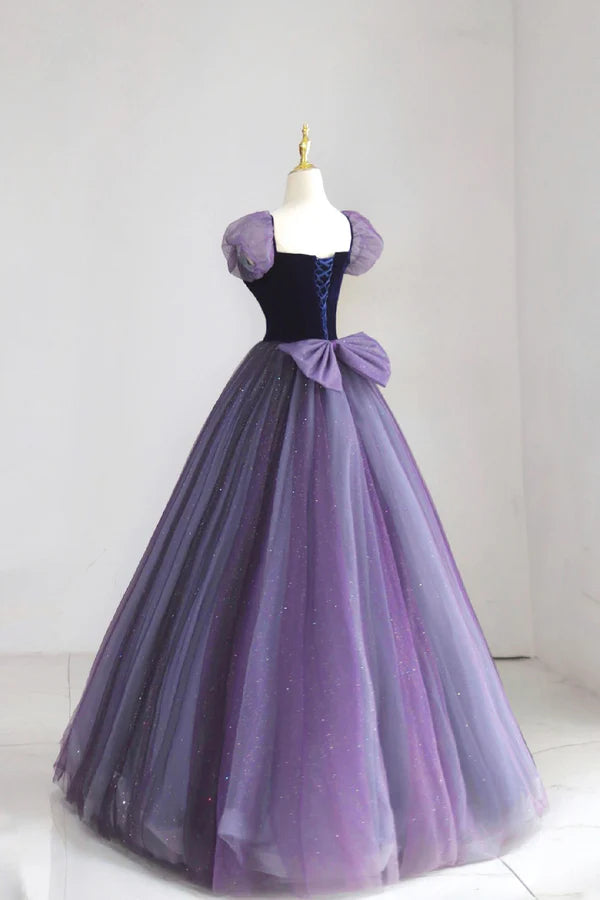Purple Tulle Long Prom Dress with Velvet Cute A-Line Short Sleeve Evening Dress