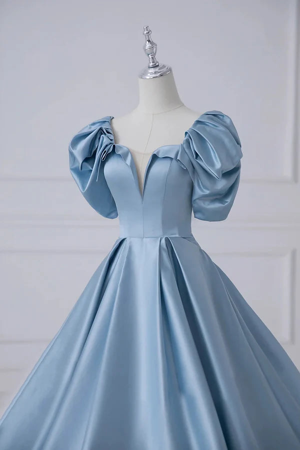 Blue Satin Long A-Line Prom Dress Beautiful A-Line Short Sleeve Evening Dress