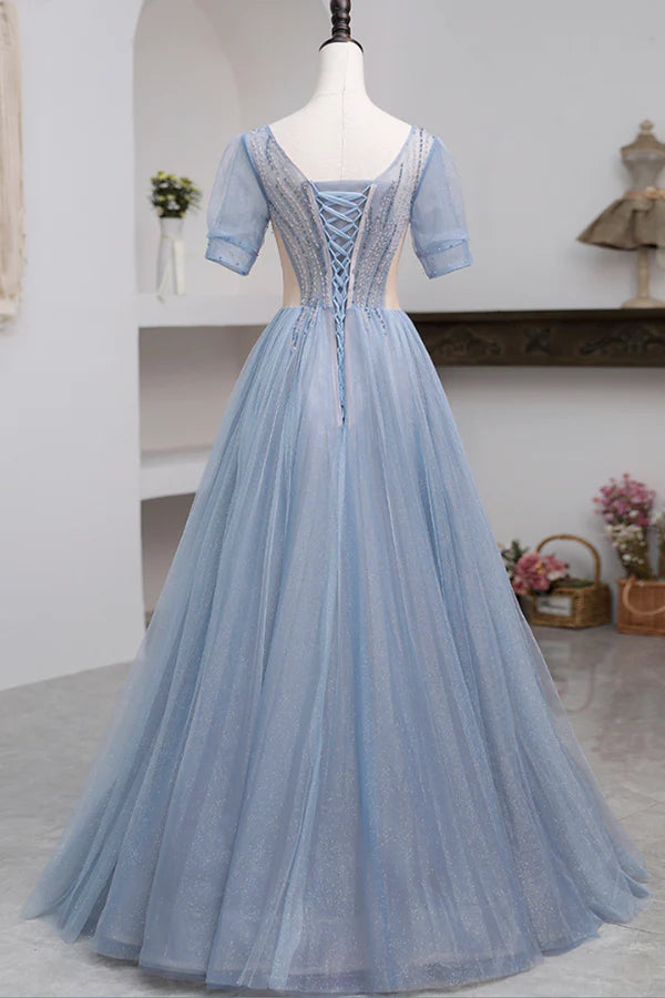 Blue Short Sleeve Tulle Floor Length Prom Dress with Beaded Blue A-Line Evening Dress