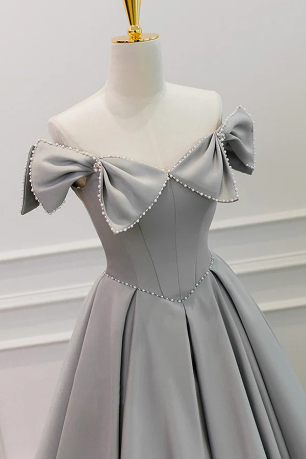 Gray Satin Floor Length Formal Dress with Pearls Cute A-Line Prom Dress