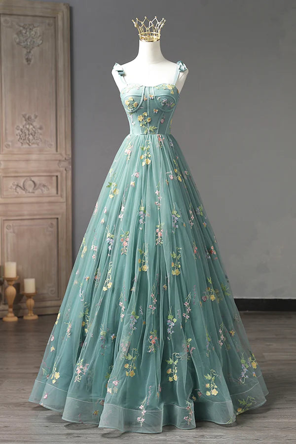 Green Lace Long A-Line Formal Dress Spaghetti Strap Evening Gown