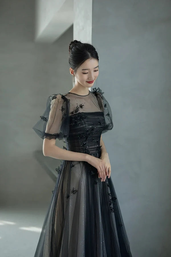 Black Tulle Sequins Long Prom Dress Lovely A-Line Evening Party Dress