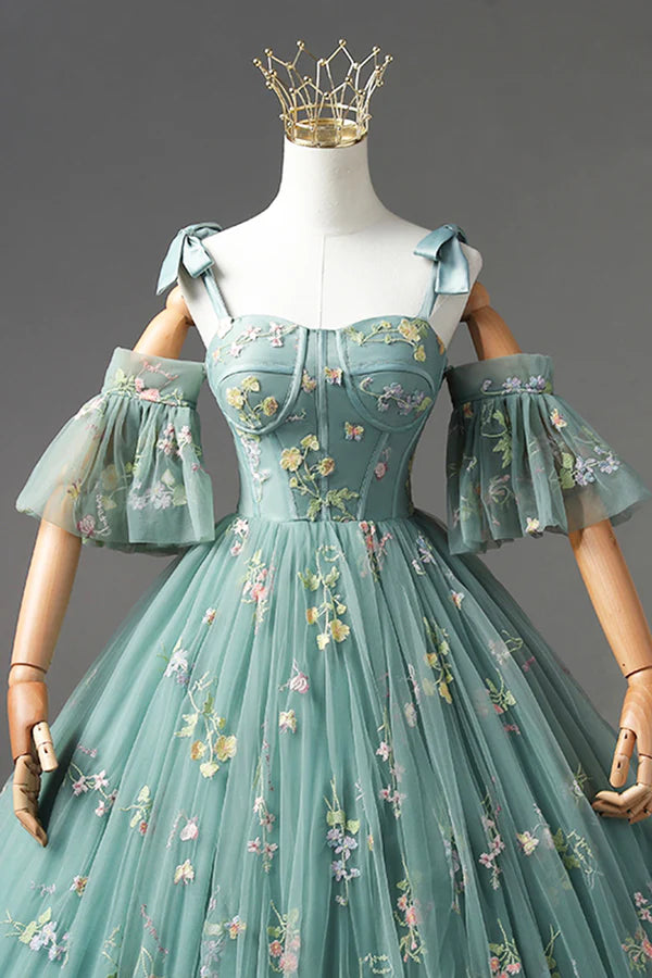 Green Lace Long A-Line Formal Dress Spaghetti Strap Evening Gown