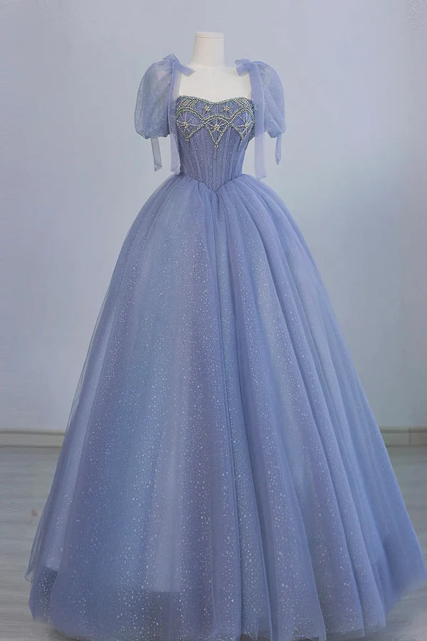 Blue Tulle Beaded Long Prom Dress Beautiful A-line Blue Evening Party Dress