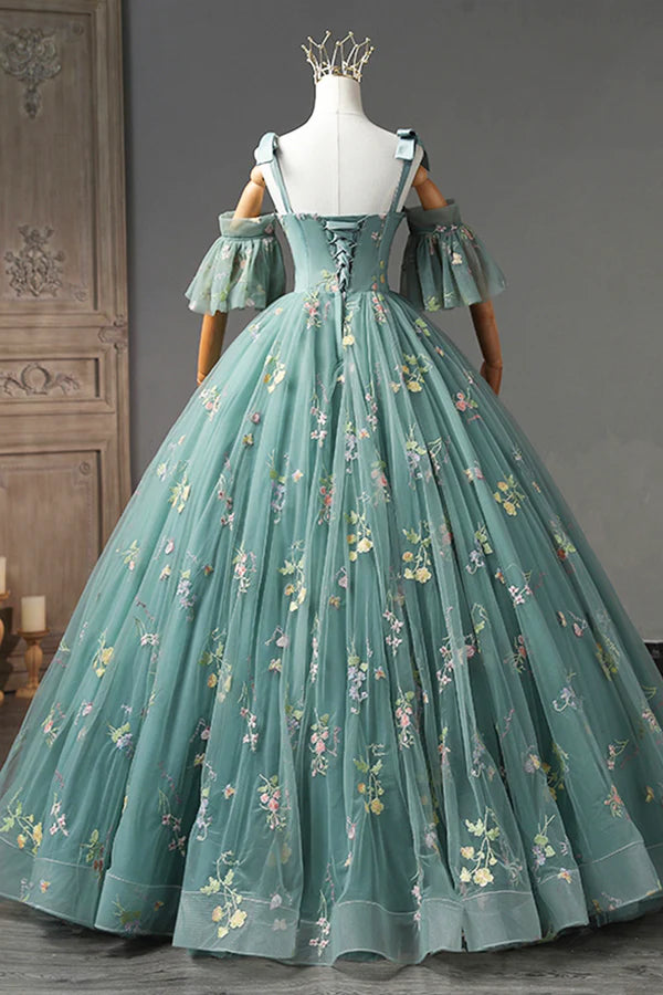 Green Lace Long A-Line Formal Dress Spaghetti Strap Evening Gown