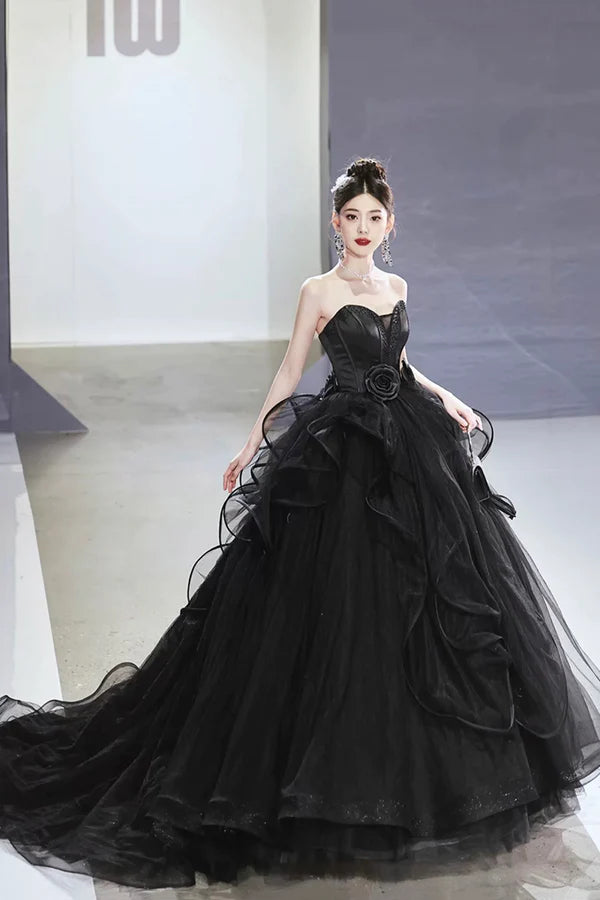 Black Tulle Beaded Long Ball Gown A-Line Strapless Evening Formal Gown