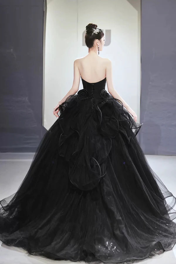 Black Tulle Beaded Long Ball Gown A-Line Strapless Evening Formal Gown