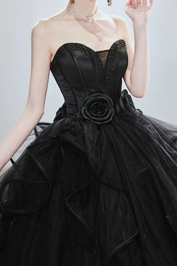 Black Tulle Beaded Long Ball Gown A-Line Strapless Evening Formal Gown