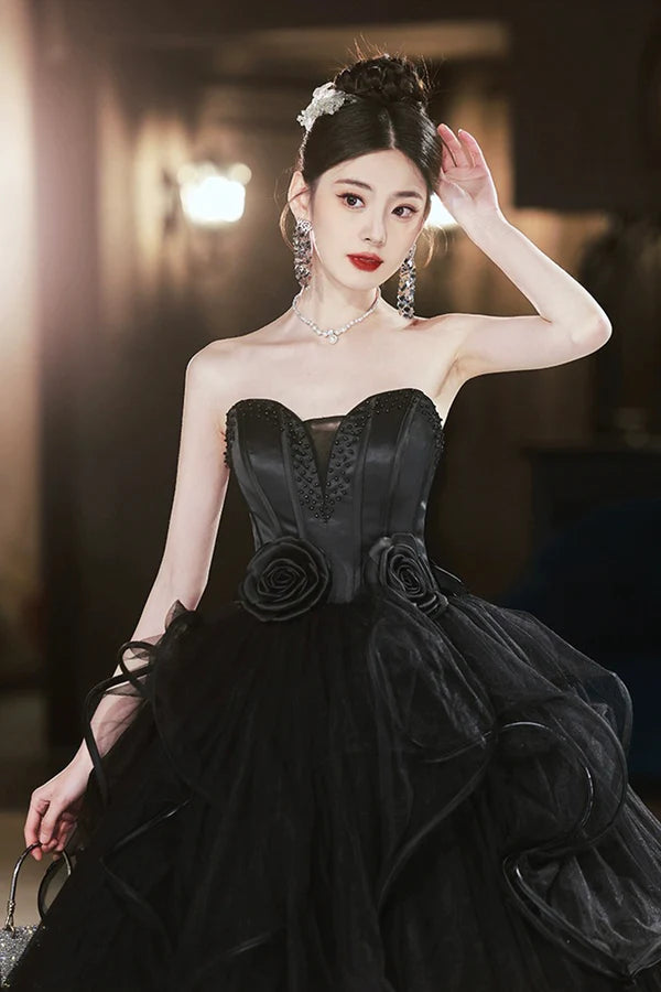 Black Tulle Beaded Long Ball Gown A-Line Strapless Evening Formal Gown