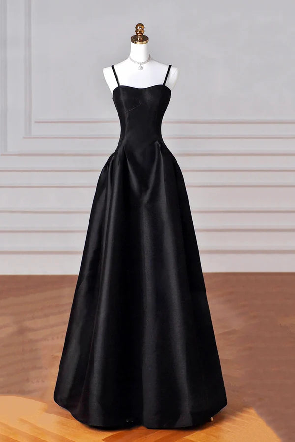 Black Spaghetti Strap Satin Long Prom Dress A-Line Backless Evening Party Dress