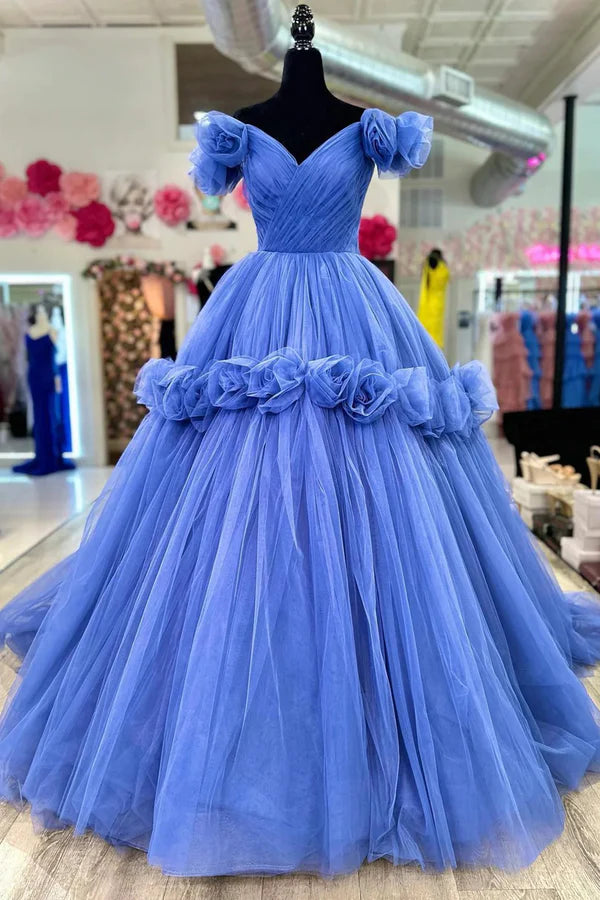 Blue V-neck Tulle Formal Dress with Flowers Blue Formal Dress Sweet 16 Dress