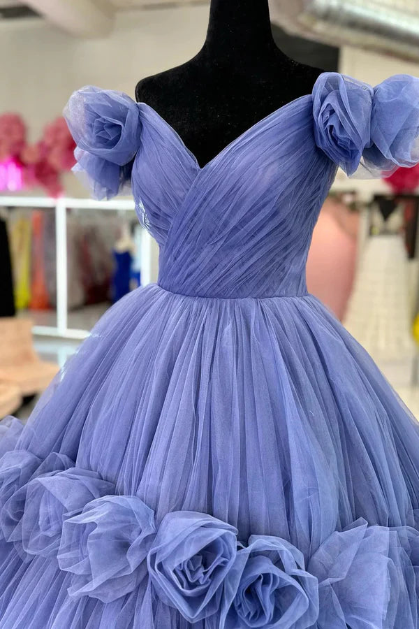 Blue V-neck Tulle Formal Dress with Flowers Blue Formal Dress Sweet 16 Dress
