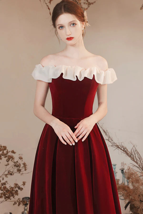 Burgundy Velvet Off Shoulder Long Prom Dress Burgundy A Line Evening Dress