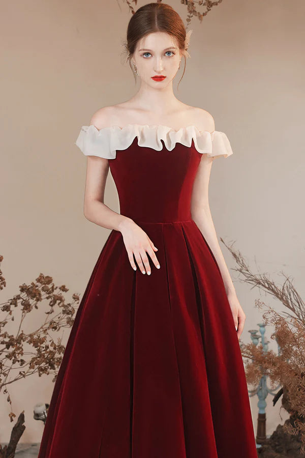 Burgundy Velvet Off Shoulder Long Prom Dress Burgundy A Line Evening Dress