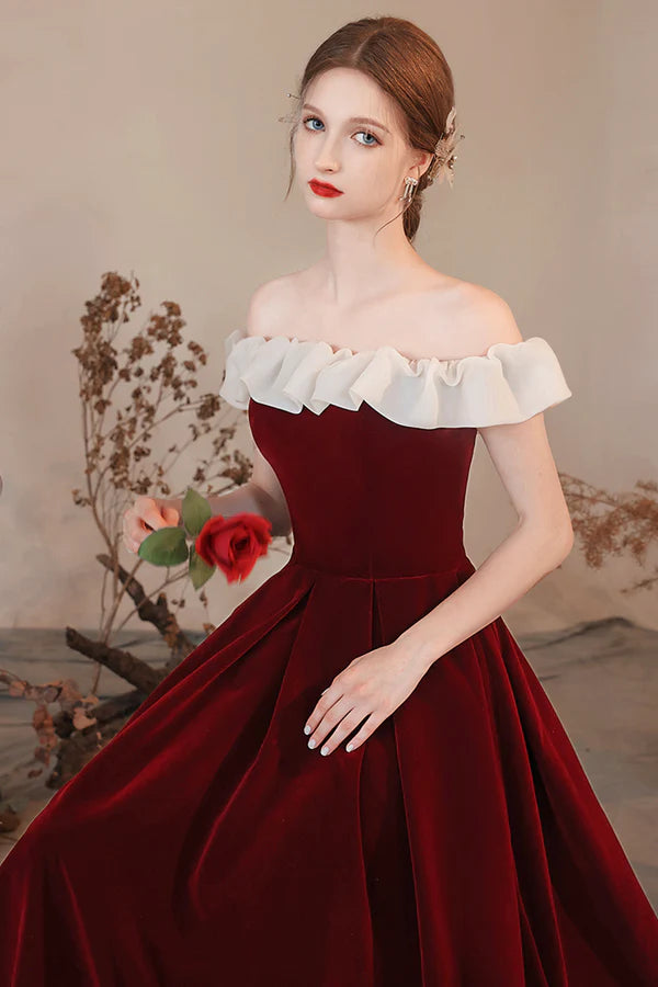 Burgundy Velvet Off Shoulder Long Prom Dress Burgundy A Line Evening Dress