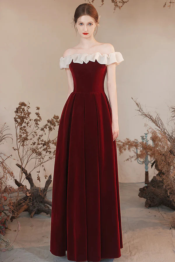 Burgundy Velvet Off Shoulder Long Prom Dress Burgundy A Line Evening Dress