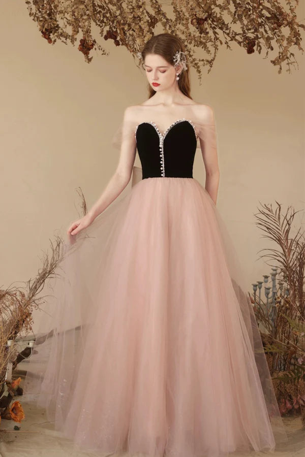 Black Velvet and Pink Tulle Long Prom Dress Beautiful Sweetheart Neck Evening Dress