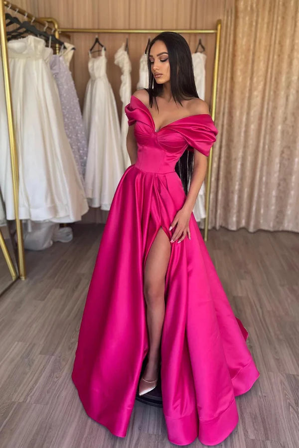 Stylish A-Line Off the Shoulder Satin Long Prom Dress Hot Pink Satin Pleats Evening Dress with Slit