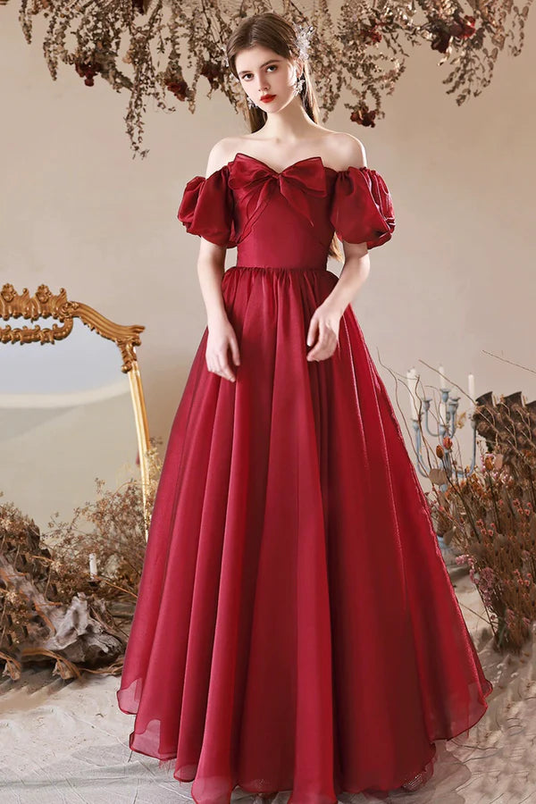 Burgundy Tulle Long Prom Dress Off the Shoulder Beautiful A-Line Evening Party Dress