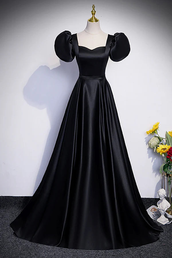 Black Satin Floor Length Prom Dress Simple Black Short Sleeve Evening Dress