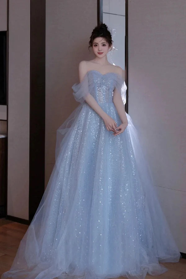 Light Blue Tulle Off Shoulder Party Dress A-Line Sequins Blue Formal Dress Prom Dress