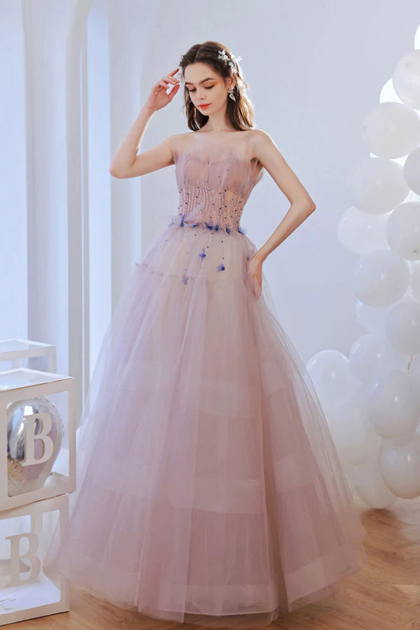 Pink Strapless Tulle Long Prom Dress with Beaded Lovely Pink Evening Dress