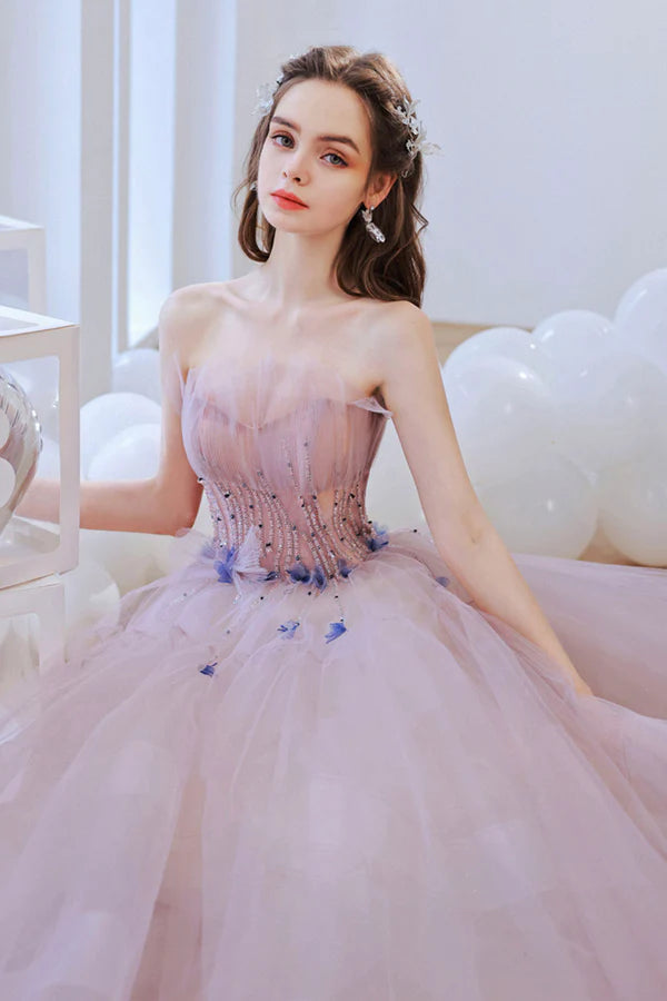 Pink Strapless Tulle Long Prom Dress with Beaded Lovely Pink Evening Dress