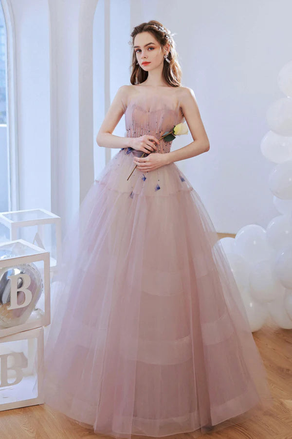 Pink Strapless Tulle Long Prom Dress with Beaded Lovely Pink Evening Dress