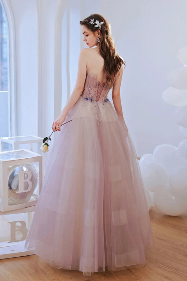 Pink Strapless Tulle Long Prom Dress with Beaded Lovely Pink Evening Dress