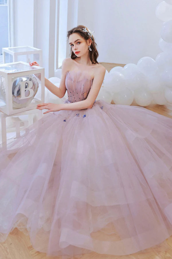 Pink Strapless Tulle Long Prom Dress with Beaded Lovely Pink Evening Dress