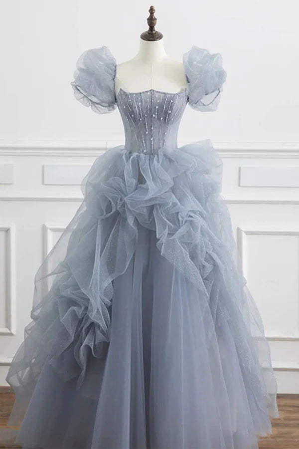 Gray Tulle Long A-Line Prom Dress Gray Short Sleeve Evening Dress