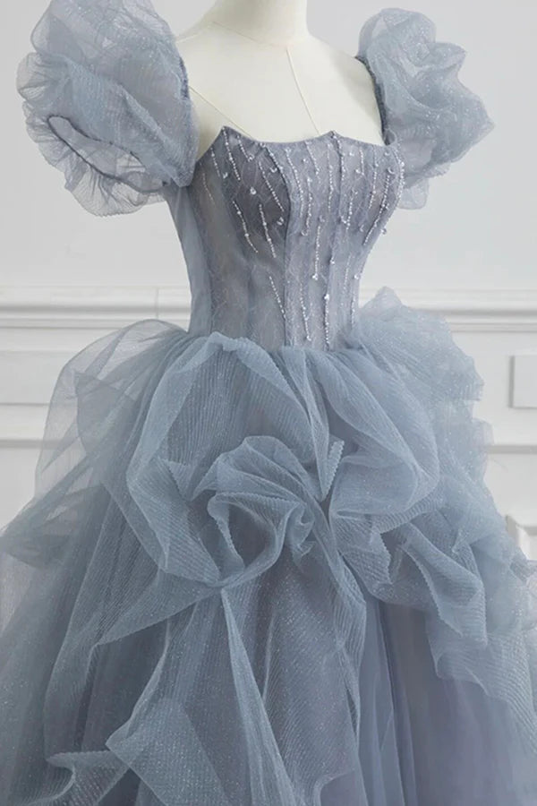 Gray Tulle Long A-Line Prom Dress Gray Short Sleeve Evening Dress