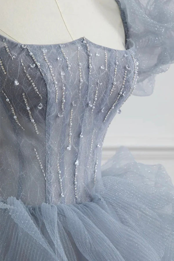 Gray Tulle Long A-Line Prom Dress Gray Short Sleeve Evening Dress