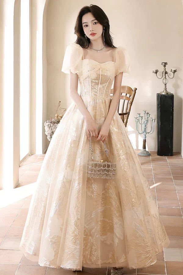 Champagne Tulle Long Prom Dresses Champagne Short Sleeve Evening Dresses
