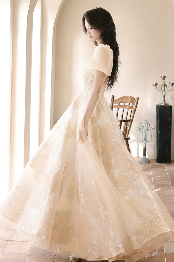 Champagne Tulle Long Prom Dresses Champagne Short Sleeve Evening Dresses