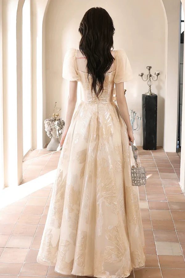 Champagne Tulle Long Prom Dresses Champagne Short Sleeve Evening Dresses