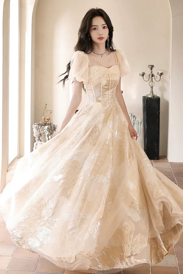 Champagne Tulle Long Prom Dresses Champagne Short Sleeve Evening Dresses