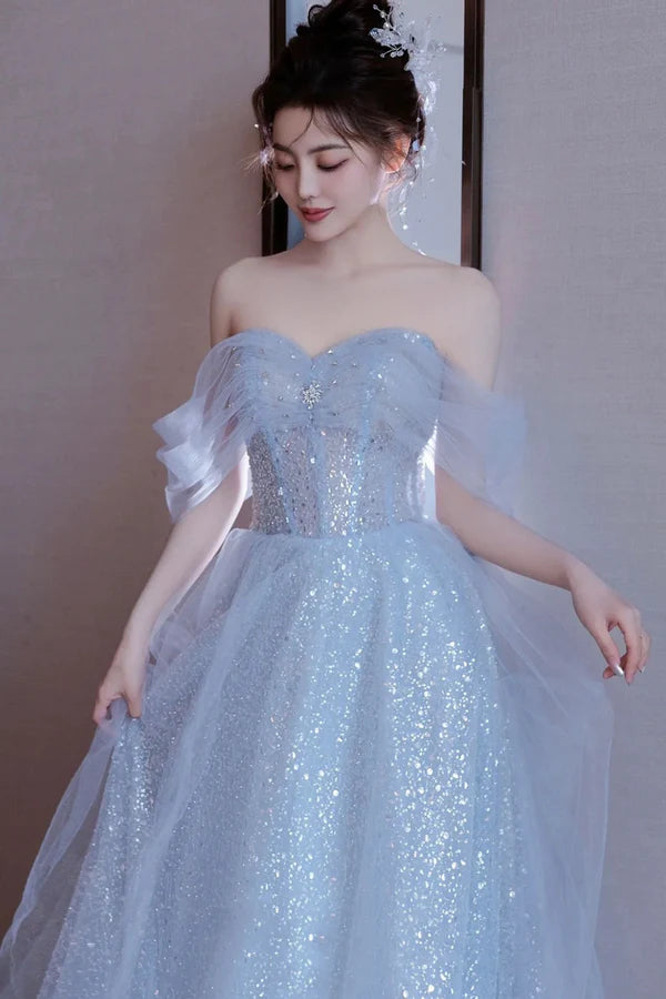 Light Blue Tulle Off Shoulder Party Dress A-Line Sequins Blue Formal Dress Prom Dress