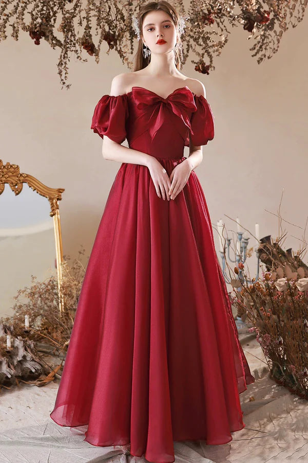 Burgundy Tulle Long Prom Dress Off the Shoulder Beautiful A-Line Evening Party Dress