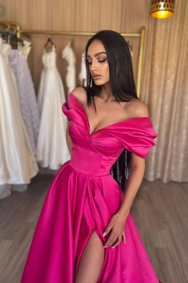 Stylish A-Line Off the Shoulder Satin Long Prom Dress Hot Pink Satin Pleats Evening Dress with Slit
