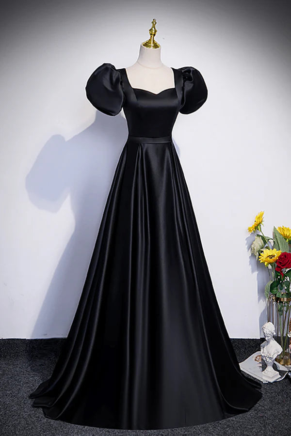 Black Satin Floor Length Prom Dress Simple Black Short Sleeve Evening Dress