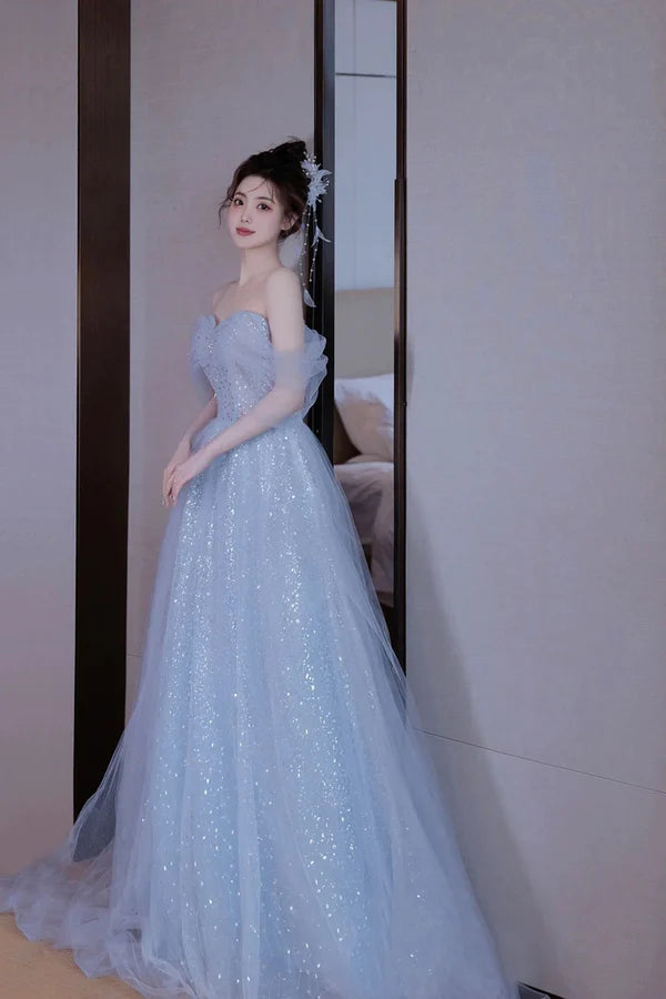 Light Blue Tulle Off Shoulder Party Dress A-Line Sequins Blue Formal Dress Prom Dress