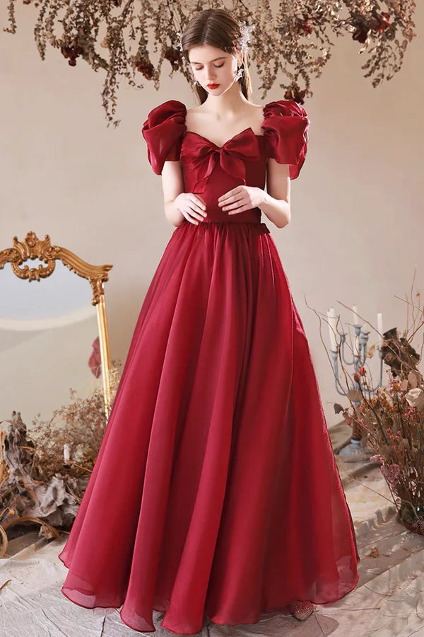 Burgundy Tulle Long Prom Dress Off the Shoulder Beautiful A-Line Evening Party Dress