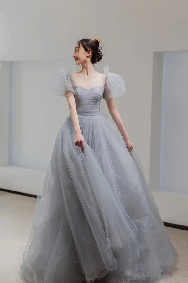 Gray Tulle Floor Length A-Line Prom Dress Lovely Puff Sleeve Evening Party Dress