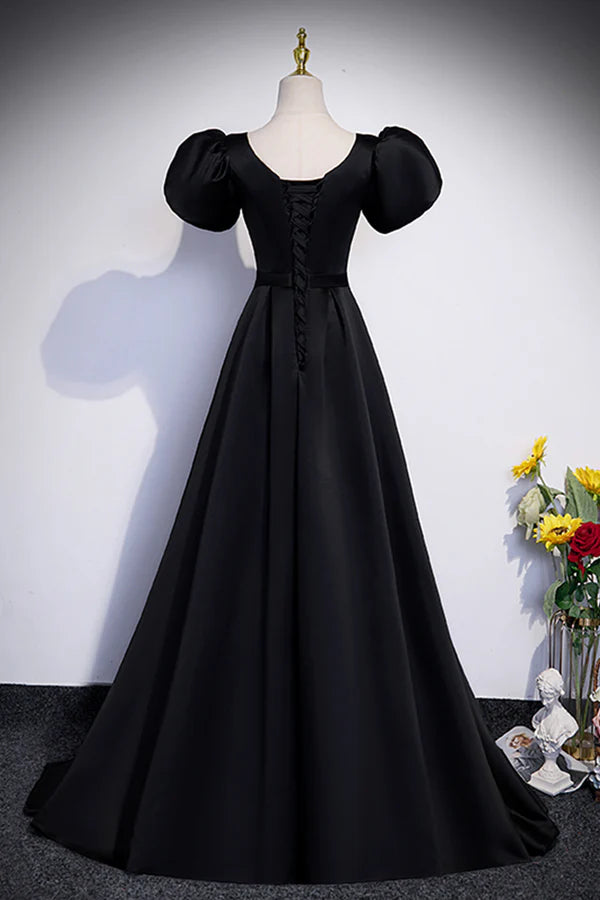Black Satin Floor Length Prom Dress Simple Black Short Sleeve Evening Dress